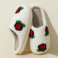 Women's Slippers Valentine's Day Rose Embroidery Fuzzy Romantic Love Comfy Flat Girl Valentine Gift Winter Home Shoes