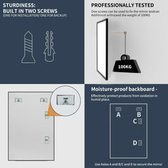 60x90CM Rectangular Wall Mounted Mirror Bathroom Bedroom Makeup Dressing Mirror Black Framed Horizontal or Vertical