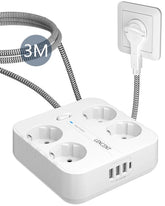 LENCENT EU Plug Power Strip with 4 AC Outlets+ 3 USB+ 1 Type C +2M/3M Braided Cable Multi Socket with Switch for Home/Office