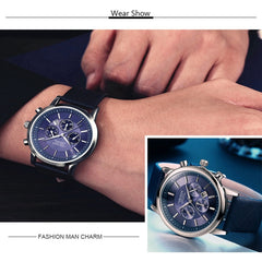 CHRONOS CH0401 Three-eye Six-needle Leather Belt Sports Watch for Men