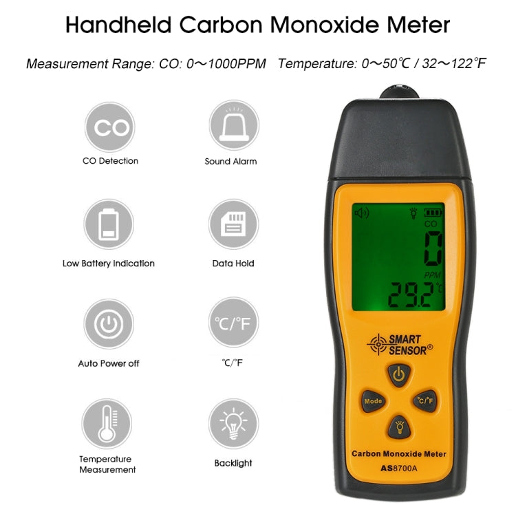 Smart Sensor AS8700A Handheld Carbon Monoxide Meter High Precision Digital CO Leak Detector Analyzer,  Sound  Light Alarm, Range: 0-1000ppm Smart Sensor AS8700A Handheld Carbon Monoxide Meter High Precision Digital CO Leak Detector Analyzer,  Sound  Light Alarm, Range: 0-1000ppm