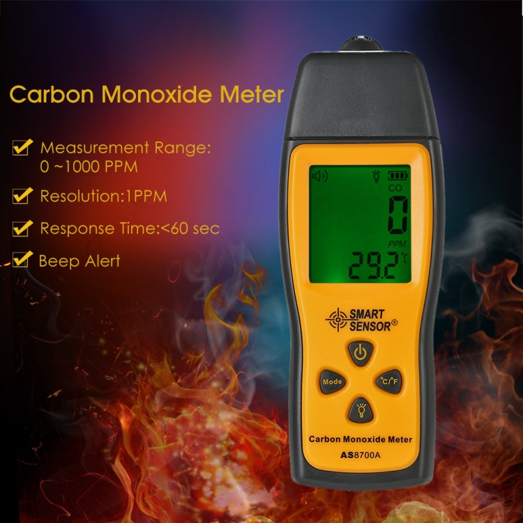Smart Sensor AS8700A Handheld Carbon Monoxide Meter High Precision Digital CO Leak Detector Analyzer,  Sound  Light Alarm, Range: 0-1000ppm Smart Sensor AS8700A Handheld Carbon Monoxide Meter High Precision Digital CO Leak Detector Analyzer,  Sound  Light Alarm, Range: 0-1000ppm