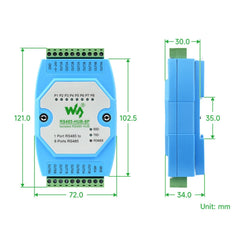 Waveshare RS485-HUB-8P Industrial-grade Isolated 8-ch RS485 Hub, Rail-mount Support, Wide Baud Rate Range