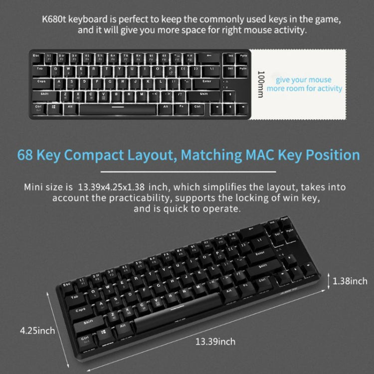 Ajazz K680T Mini USB Wired Dual-mode Charging 68-keys Laptop Bluetooth Mechanical Keyboard, Cable Length: 1.6m Ajazz K680T Mini USB Wired Dual-mode Charging 68-keys Laptop Bluetooth Mechanical Keyboard, Cable Length: 1.6m