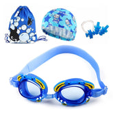 4 in 1 Cartoon Little Crab Waterproof and Anti-fog Silicone Swimming Goggles + Printed Pattern Swimming Cap + Nose Clip Earplugs + Storage Bag Swimming Equipment Set for Children, 4 in 1 Swimming Set (Blue Crab), 4 in 1 Swimming Set (Pink Crab)