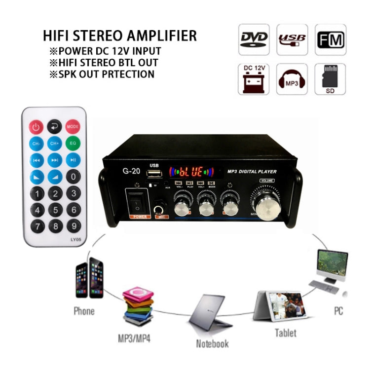 G20 Smart Digital Power Amplifier Built-In Bluetooth / USB / SD / FM Power Amplifier, EU Plug G20 Smart Digital Power Amplifier Built-In Bluetooth / USB / SD / FM Power Amplifier, EU Plug