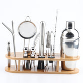 18 in 1 Stainless Steel Cocktail Shaker Set, Oval Bamboo Base, Bar Tool Set, 350ml, 550ml, 750ml