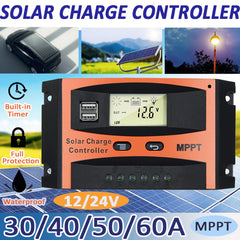 Controlador solar de identificación automática MPPT de 12 V/24 V con salida USB, 30 A, 40 A, 50 A, 60 A