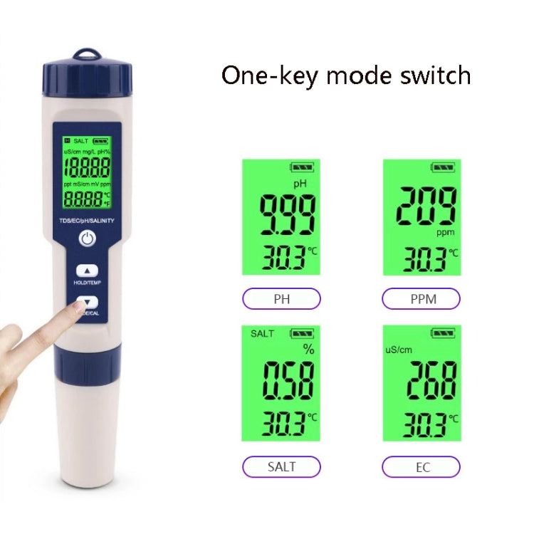 EZ-9909 PH/Salinity/Temperature/TDS/EC 5-in-1 Test Pen Multifunctional Water Quality Detector EZ-9909 PH/Salinity/Temperature/TDS/EC 5-in-1 Test Pen Multifunctional Water Quality Detector
