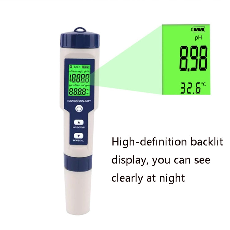 EZ-9909 PH/Salinity/Temperature/TDS/EC 5-in-1 Test Pen Multifunctional Water Quality Detector EZ-9909 PH/Salinity/Temperature/TDS/EC 5-in-1 Test Pen Multifunctional Water Quality Detector