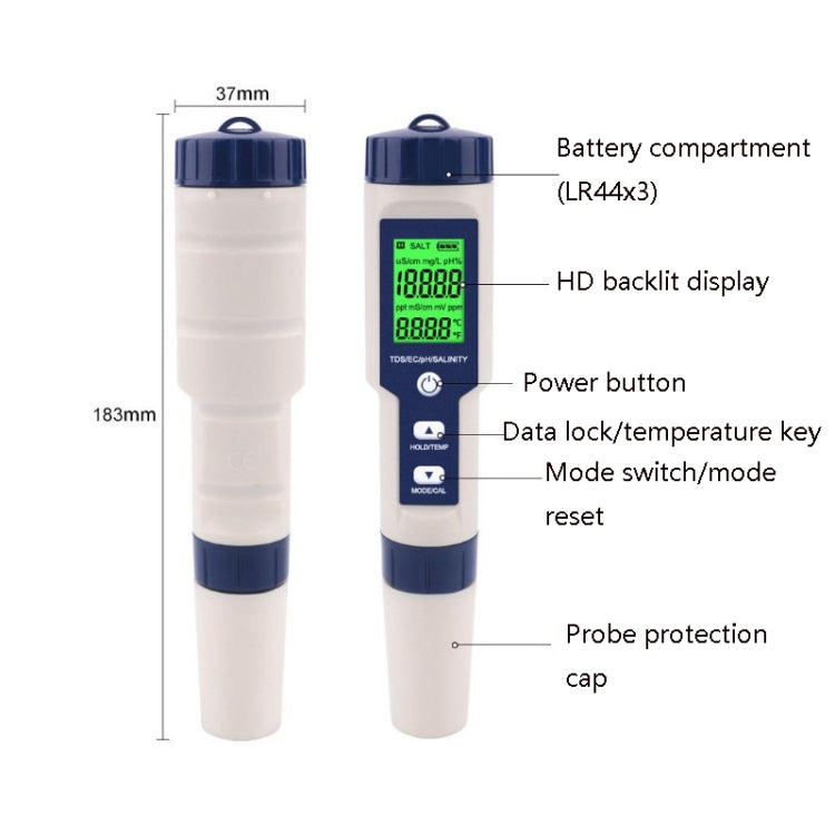 EZ-9909 PH/Salinity/Temperature/TDS/EC 5-in-1 Test Pen Multifunctional Water Quality Detector EZ-9909 PH/Salinity/Temperature/TDS/EC 5-in-1 Test Pen Multifunctional Water Quality Detector