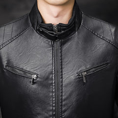 Men Washed PU Padded Slim-Fit Motorbike Leather Jacket