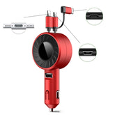 3 In 1 USB Dual Cable Single Pull Retractable Car Charger, Red, Black