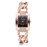 Square Dial Diamond Plated Hollow Alloy Bracelet Strap Quartz Watch for Women