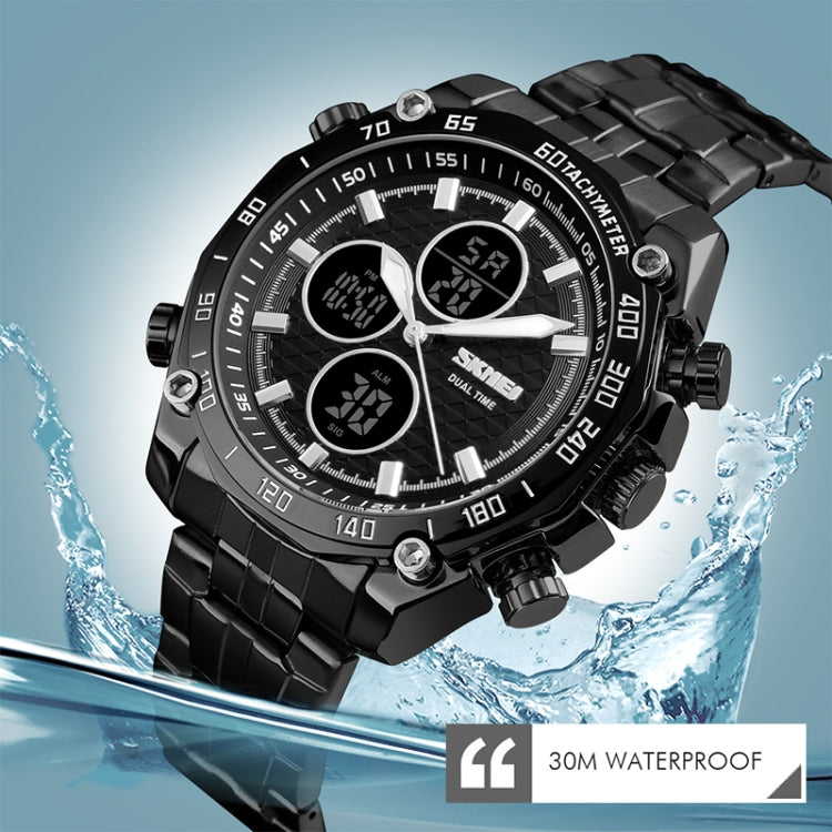 SKMEI 1302 Fashion Men Leisure Wrist Watch Multifunctional Dual-time Sports Digital Watch with Stainless Steel Watchband 30m Waterproof SKMEI 1302 Fashion Men Leisure Wrist Watch Multifunctional Dual-time Sports Digital Watch with Stainless Steel Watchband 30m Waterproof