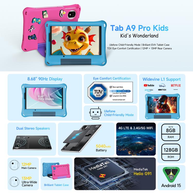 Ulefone Tab A10 Pro Kids Tablet PC, 6GB+128GB, 8.68 inch Android 15 MediaTek Helio G91 Octa Core 4G Network, EU Plug Ulefone Tab A10 Pro Kids Tablet PC, 6GB+128GB, 8.68 inch Android 15 MediaTek Helio G91 Octa Core 4G Network, EU Plug