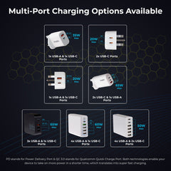 Maplin 4 Port USB Wall Charger 3x USB-A 2 1x USB-C PD QC 3.0 20W High Speed Charging