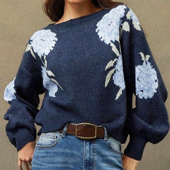 Off-neck Flower Jacquard Pullover Women's Loose Casual