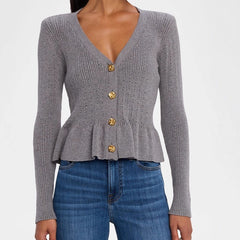 Button Ruffled Bell Sleeve Slim Fit Waist-controlled Slimming Top