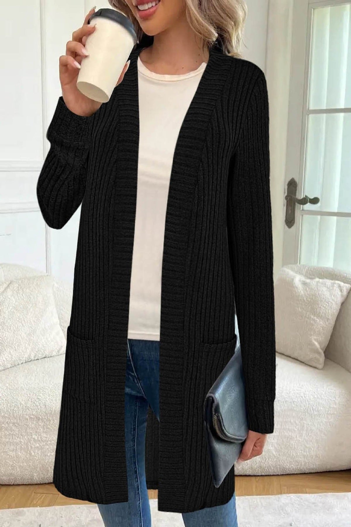 Long Sleeve Loose Pockets Knitted Cardigan Jacket