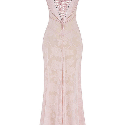 Sexy Flowers Lace Suspender Dress Summer Fashion Slim Back Lace-up Long Dresses Party Evening Club Clothing For Women