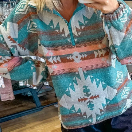 Green Quarter Zip Elastic Cuffs Aztec Sweatshirt