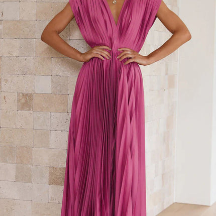 Summer V-neck Pleated Dress INS Fashion Casual Loose Zip Sleeveless Dresses For Women Clothing