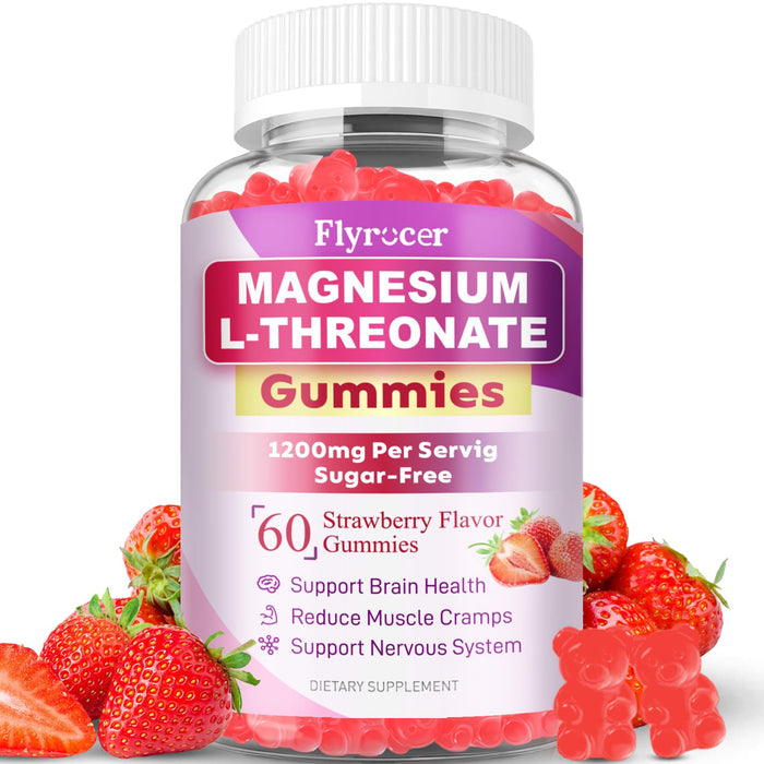 1200MG Magnesium L-Threonate Gummies - Magnesium Threonate Gummies Supplements for Kids & Adults, Support Cognitive Function, Brain & Nerves Health, Strawberry Flavor, 60 Count