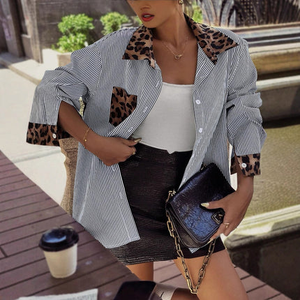 INS Leopard Striped Patchwork Shirt Fashion Casual Long-sleeved Button Lapel Top Women's Clothing