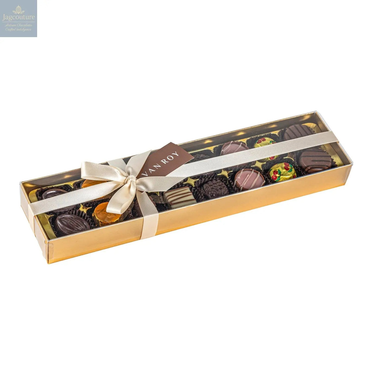 16 assorted Belgian chocolates in gold base with acetate lid and ribbon