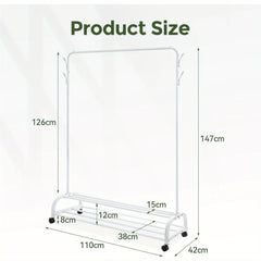 Heavy Duty Clothes Rail with Wheels & 2-Tier Storage Shelf - Mobile Garment Rack for Bedroom