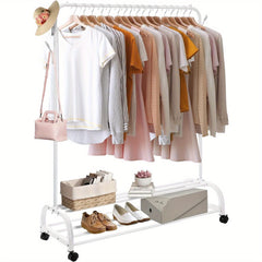 Heavy Duty Clothes Rail with Wheels & 2-Tier Storage Shelf - Mobile Garment Rack for Bedroom