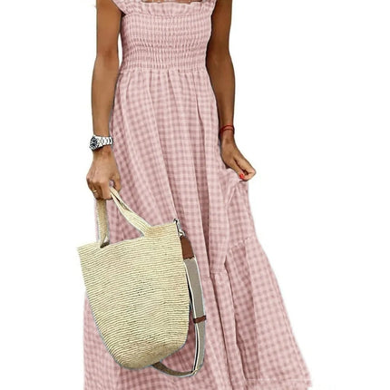 Summer Plaid Print Pleated Ruffle Dress INS Fashion Sleeveless A-line Swing Beach Dress Women's Clothing