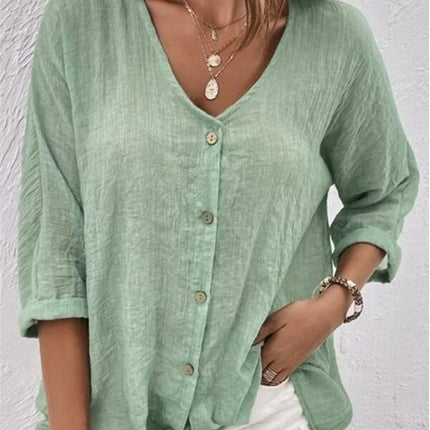 V-neck Long-sleeved T-shirt Fashion Solid Color Button Top Casual Loose Clothing For Women