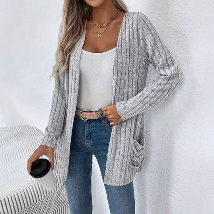 Solid Color Pocket Long Sleeve Bottoming Cardigan Knitwear