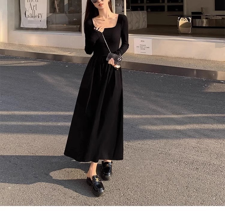 Square Collar Knitted Dress Women's Waist A- Line Long Skirt