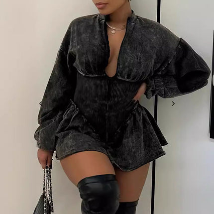 Digital Printing Gray Drawstring Slim-fit Design Sense Dress