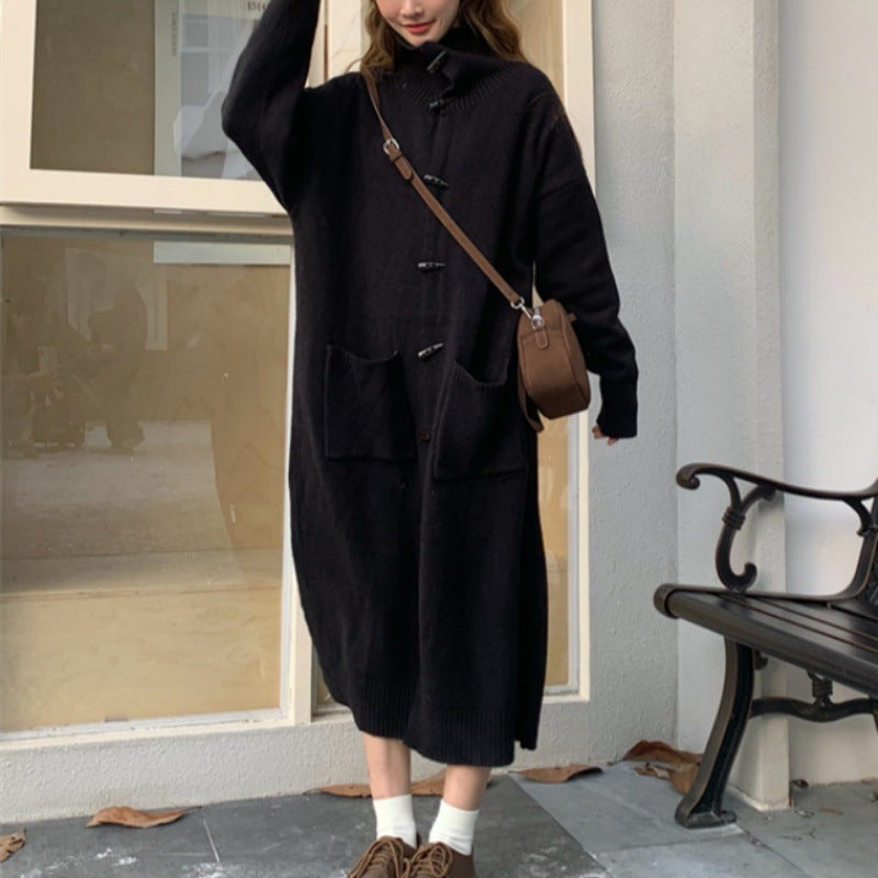 Women's Horn Button Cardigan Sweater - Mid-Length Turn-Down Collar Coat