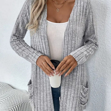 Solid Color Pocket Long Sleeve Bottoming Cardigan Knitwear