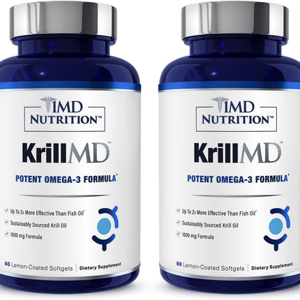1MD KrillMD - Antarctic Krill Oil with Astaxanthin, EPA & DHA | 2x More Effective Than Fish Oil | 60 Softgels (2-Pack)