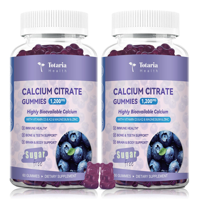 2 Pack Calcium Citrate Gummies 1200 mg – Vitamin D3 & K2, Magnesium, Zinc | Sugar Free Blueberry