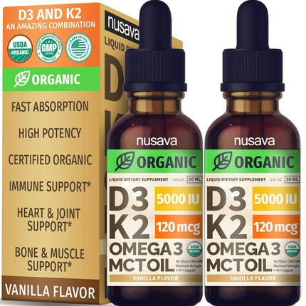(2 Pack) Organic Vitamin D3 K2 Drops with MCT Oil | 5000 IU, Non-GMO, Vanilla