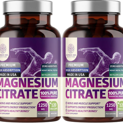 2-Pack Magnesium Citrate Capsules 1250mg | Muscle & Digestive Support - 240 Caps