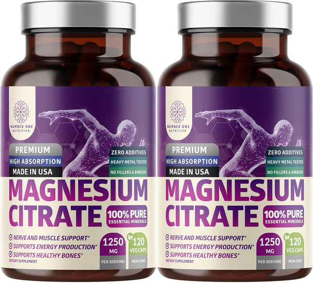2-Pack Magnesium Citrate Capsules 1250mg | Muscle & Digestive Support - 240 Caps