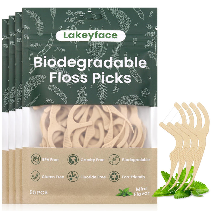 Lakeyface 200 Count Biodegradable Dental Floss Picks – Eco-Friendly Mint