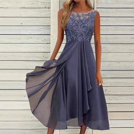 Women's Sleeveless Stitching Lace Hollow-out Chiffon Dress