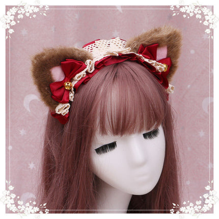 A lovely japanese Lolita hairdress, Catwoman Plush Lolita headdress, lace cat ear hair band