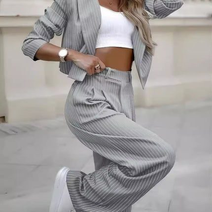 Women's Spring Fashion Striped Suits Casual Lapel Long Sleeve Cropped Top And Straight Pants Outfits Women's Clothing