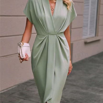Summer Batwing Sleeve Dress Fashion V-neck Short Sleeve Pleated Dresses Womens Clothing