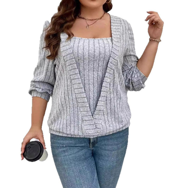 Solid Color Rib Fabric V-neck Long Sleeve False Two-piece Suit